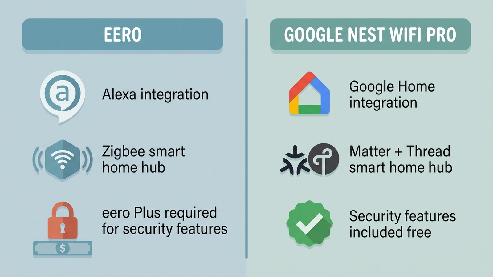 Infographic comparing Eero's Alexa/Zigbee ecosystem and subscription-gated security against Google Nest WiFi Pro's built-in Matter/Thread hub and free threat protection