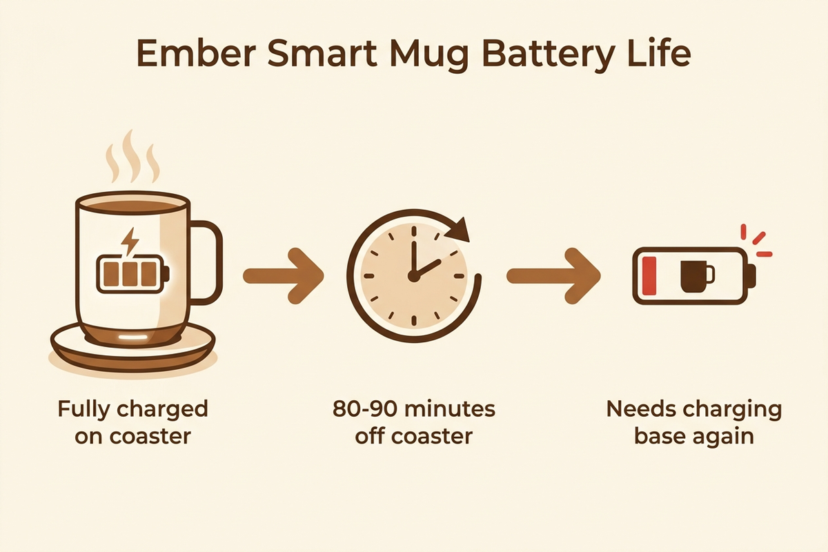 Flat infographic showing an Ember Smart Mug battery life timeline: full charge, 80 to 90 minutes off the coaster, then requiring the charging base again