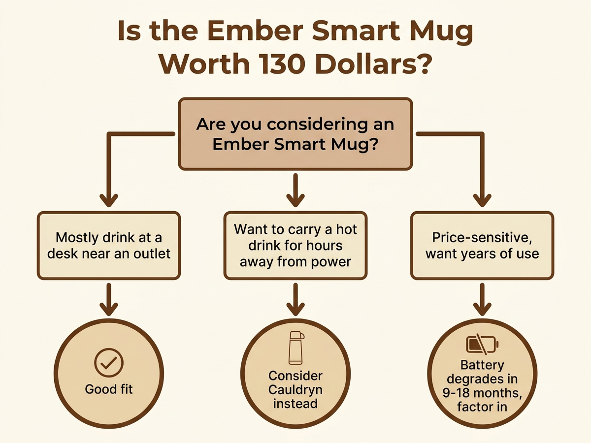 Flat decision flowchart titled Is the Ember Smart Mug worth 130 dollars, branching by desk use, budget, and battery longevity tolerance
