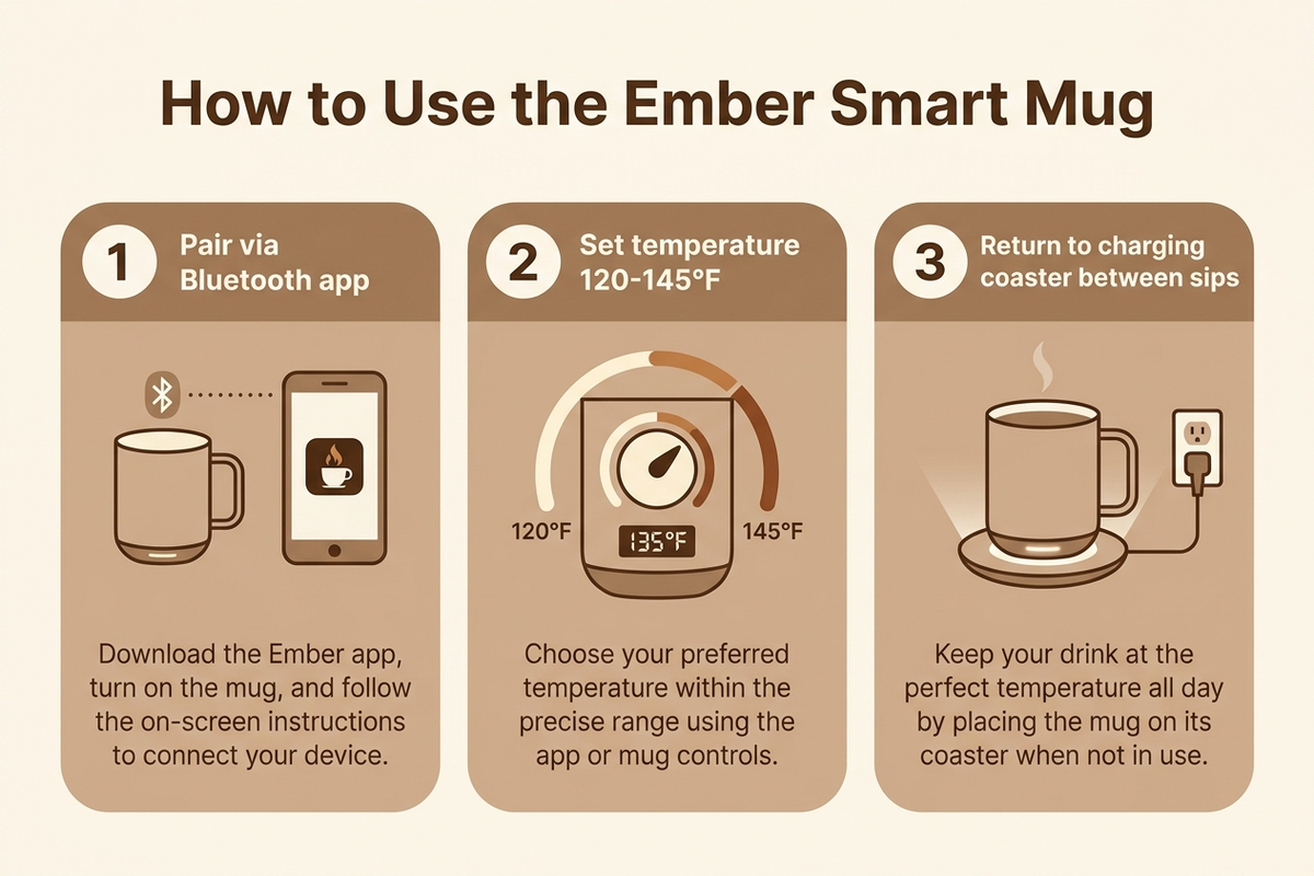 Flat infographic showing three steps to use a smart mug: pair with the app over Bluetooth, set a target temperature between 120 and 145 degrees Fahrenheit, then place on the charging coaster between sips