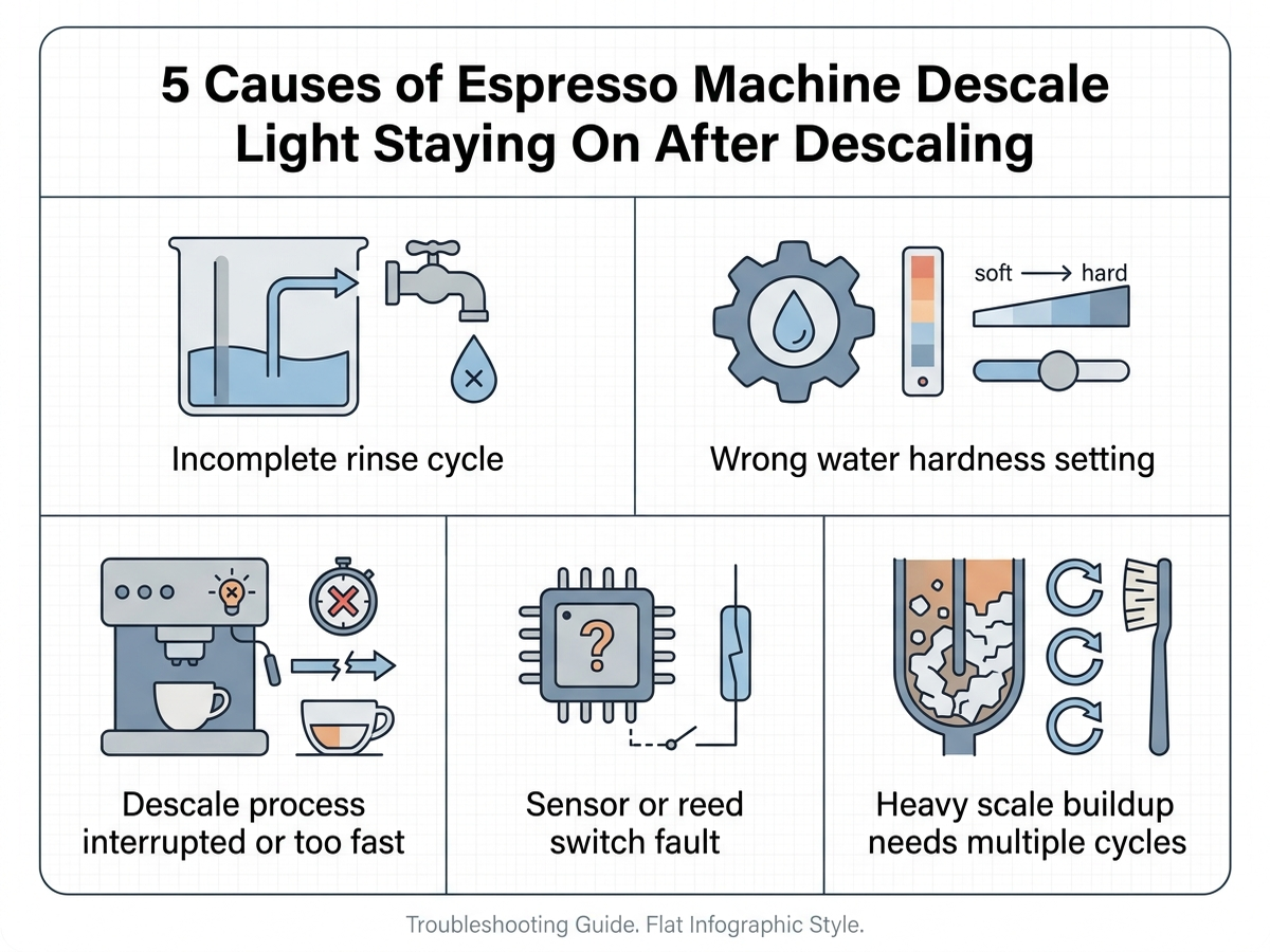Flat infographic showing five causes of an espresso machine descale light staying on: incomplete rinse cycle, wrong water hardness setting, descale process interrupted or too fast, sensor or reed switch fault, and heavy scale buildup needing multiple cycles