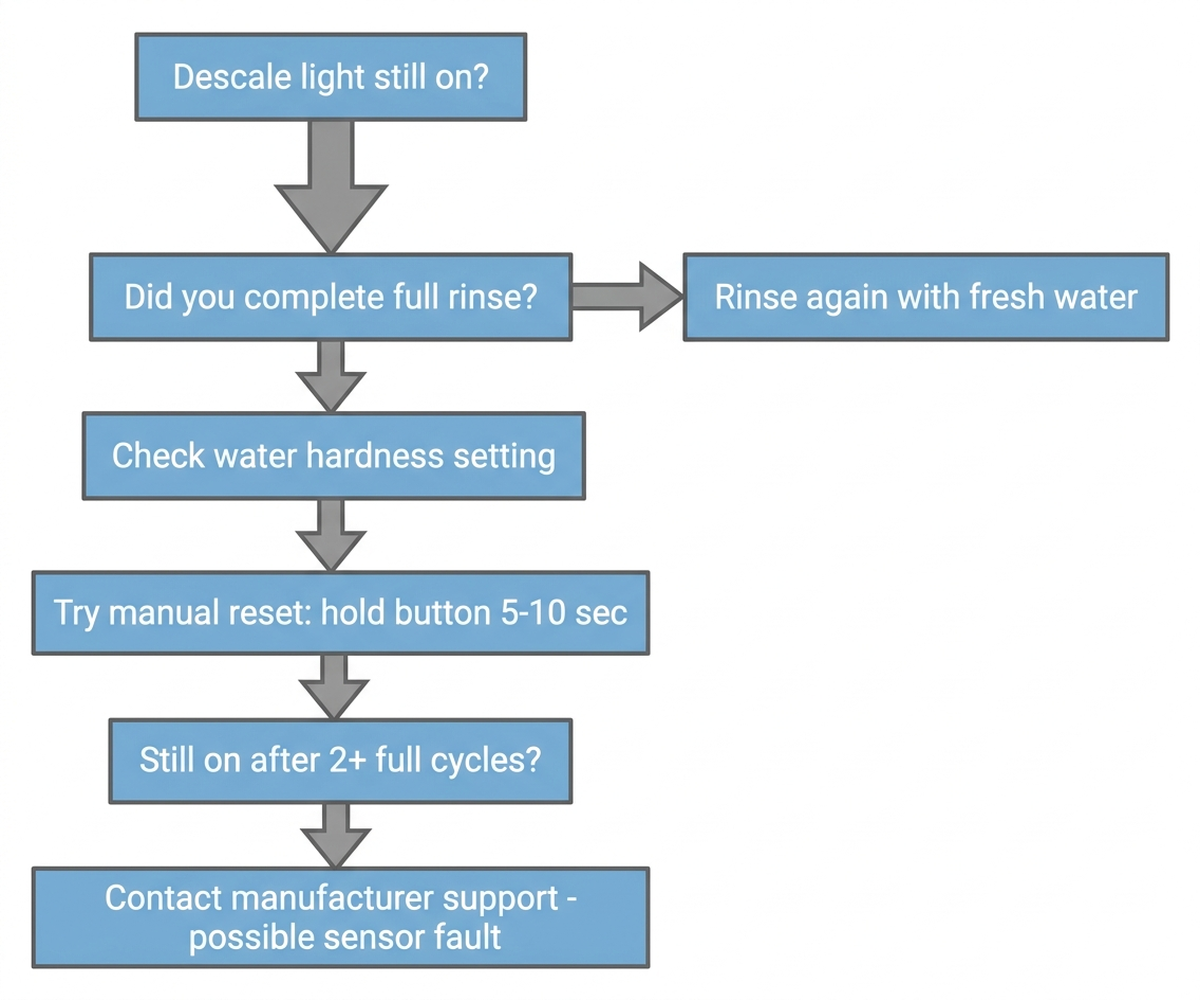 Decision-tree flowchart for diagnosing a stuck espresso machine descale light: full rinse check, water hardness check, manual reset, and when to contact manufacturer support