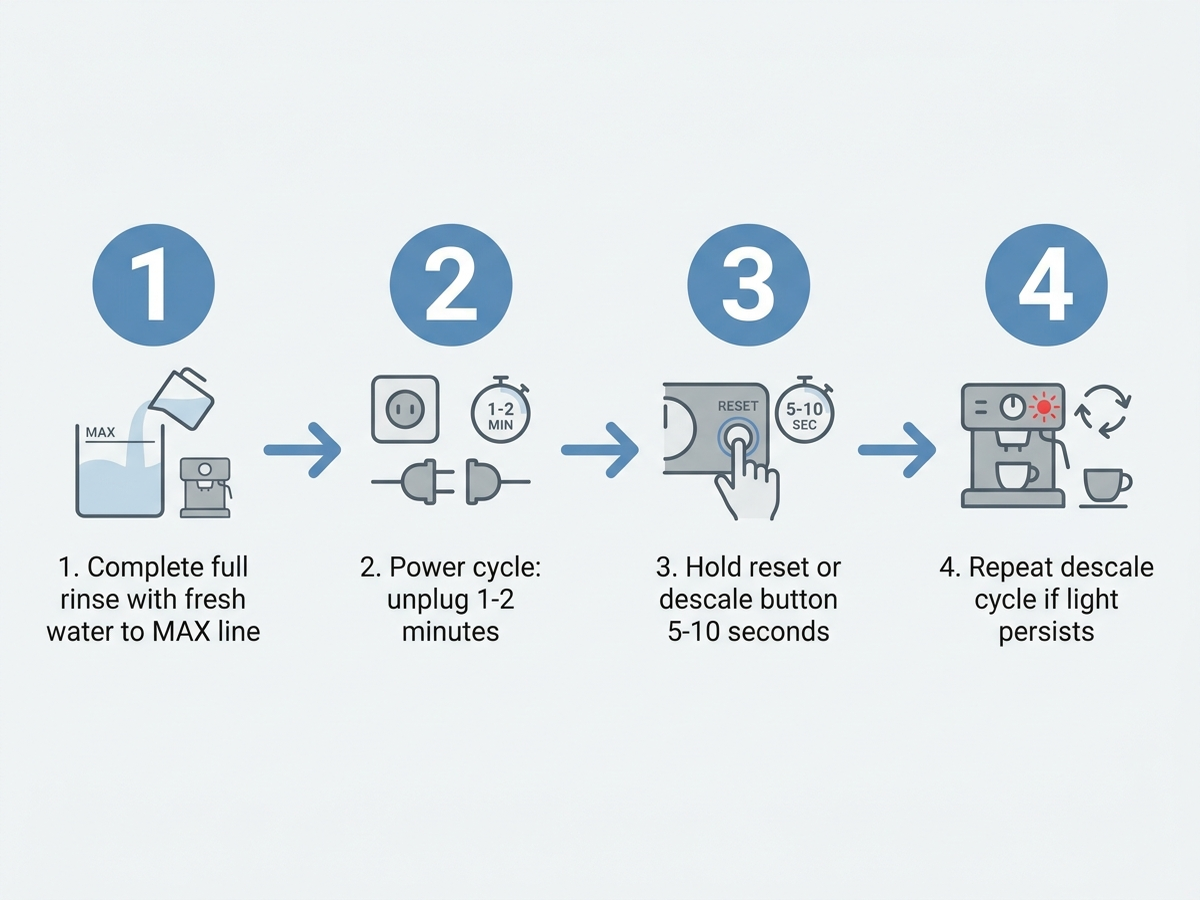 Flat how-to diagram showing the four-step reset order: complete full rinse to MAX line, power cycle by unplugging 1-2 minutes, hold reset button 5-10 seconds, repeat descale cycle if light persists