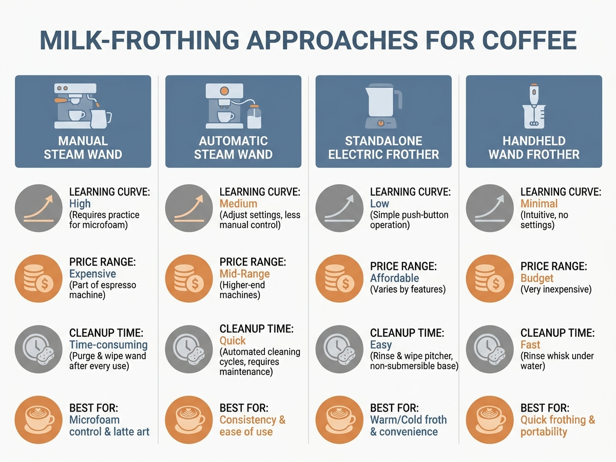 Flat infographic comparing four milk-frothing approaches: manual steam wand, automatic steam wand, standalone electric frother, and handheld wand frother, with learning curve, price, cleanup, and best-for labels
