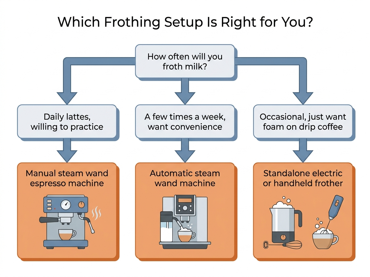 Flowchart titled Which Frothing Setup Is Right for You, branching by frequency of use into manual steam wand, automatic steam wand, or standalone frother