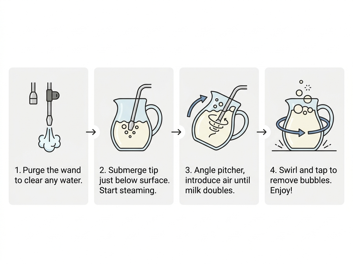 Flat infographic showing four steps to steam milk with a manual steam wand: purge the wand, submerge the tip, angle the pitcher, then swirl and tap