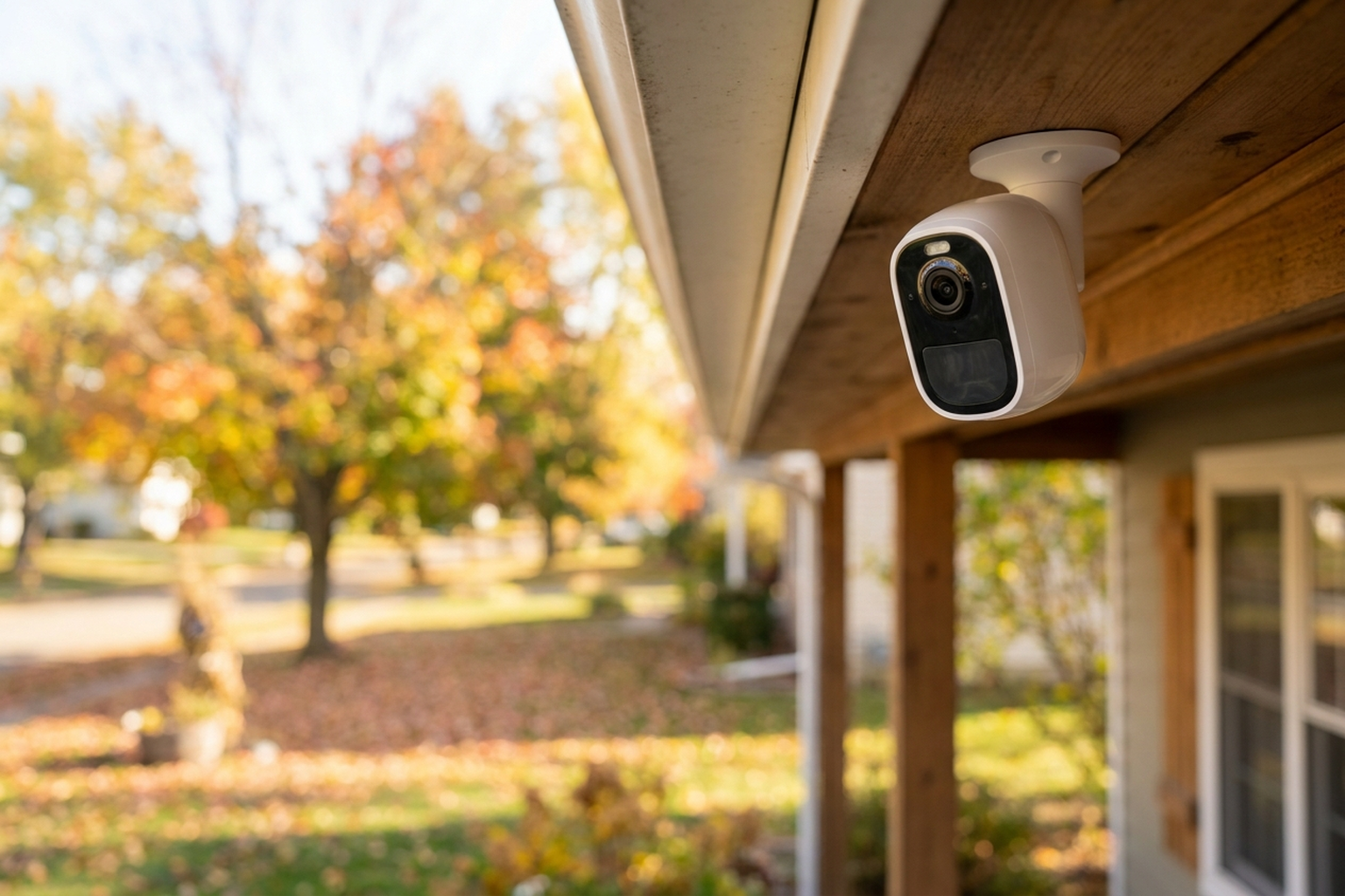 A small white wireless security camera mounted under the eave of a suburban American house porch