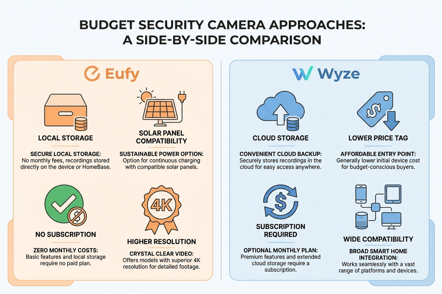 Infographic comparing Eufy's local-storage, solar, no-subscription approach against Wyze's lower-price, cloud-based, wider-compatibility approach