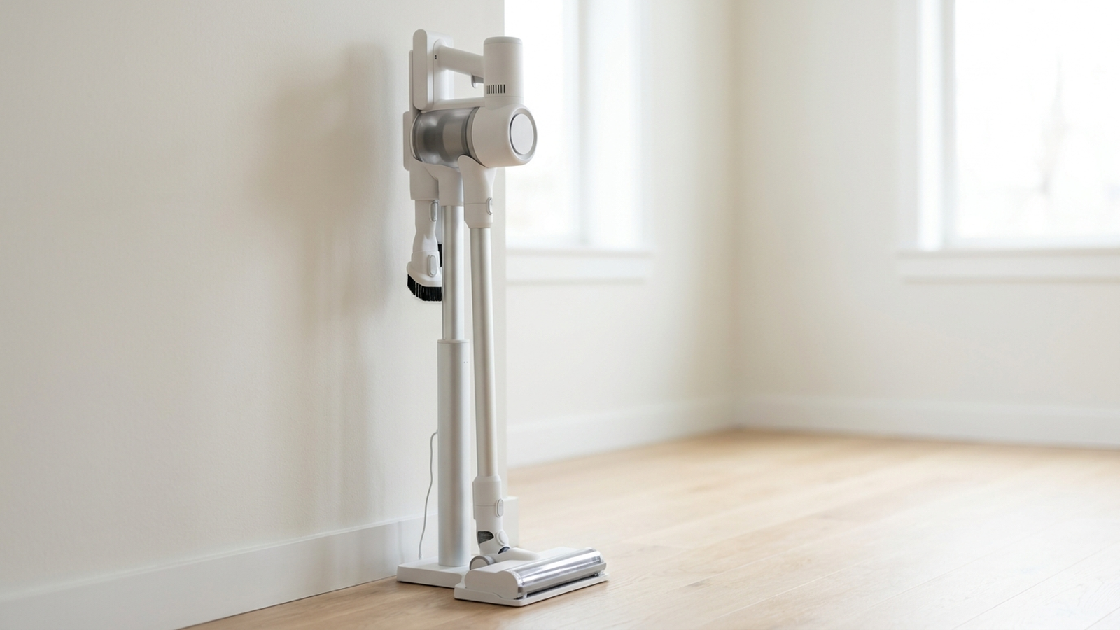A white cordless stick vacuum standing upright against a wall in a bright, empty room