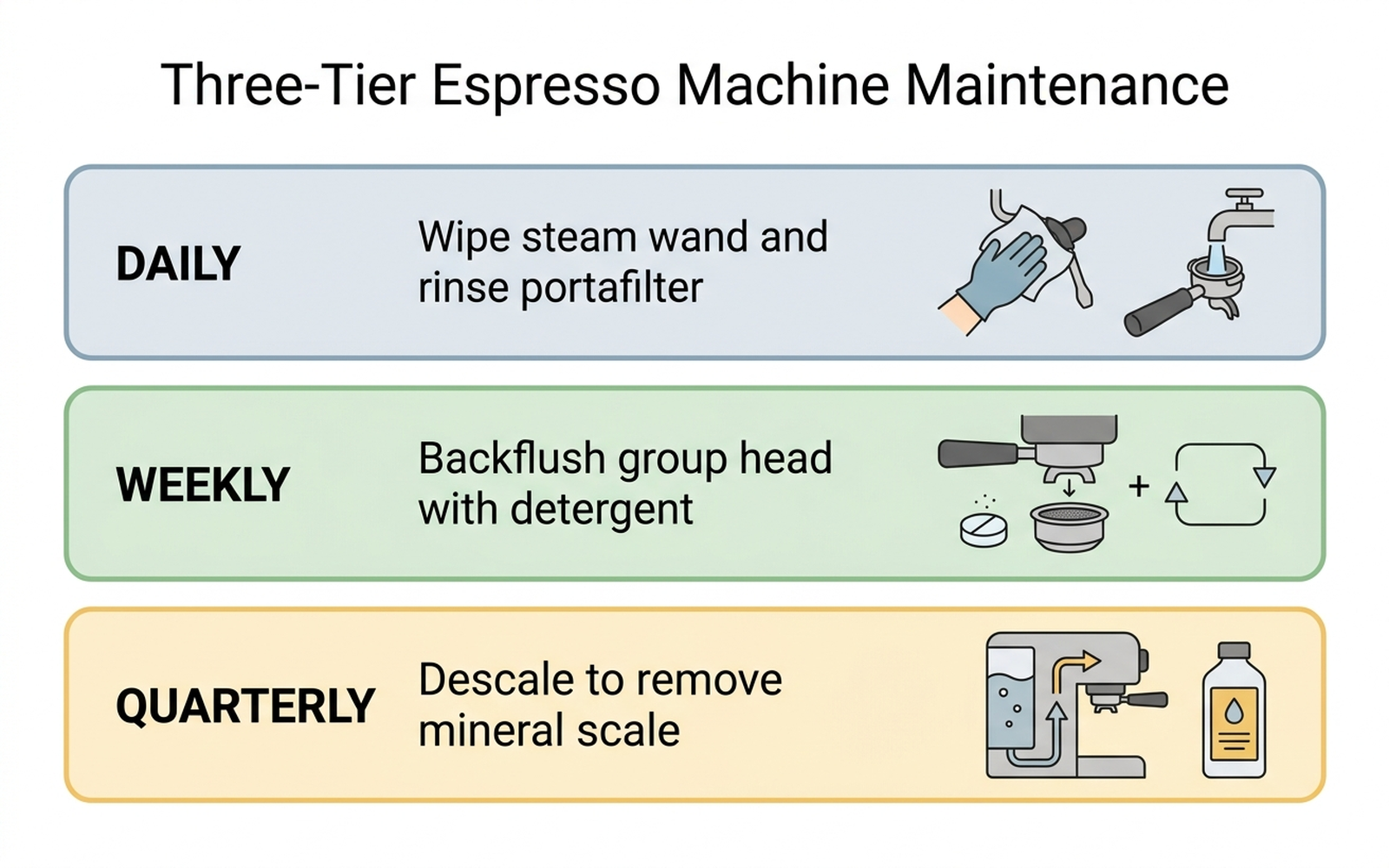 Flat-design infographic showing three maintenance tiers for an espresso machine: daily wiping of the steam wand and portafilter rinse, weekly backflushing of the group head with detergent, and quarterly descaling to remove mineral scale