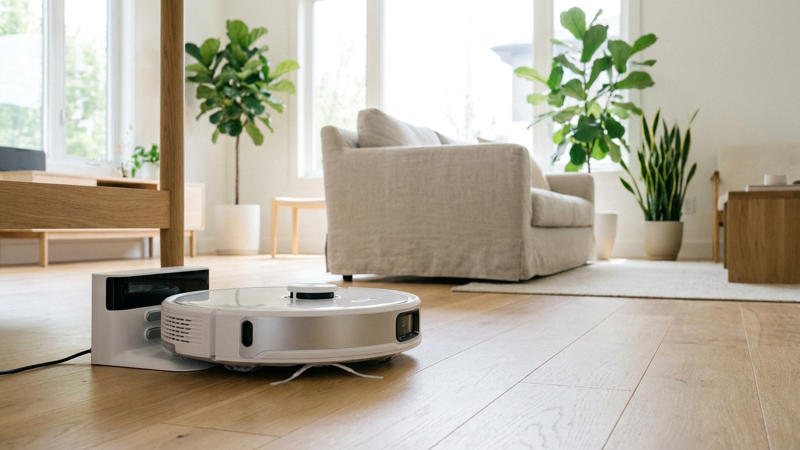 Robot vacuum cleaner sitting on its charging dock in a bright living room, with a battery-charge indicator light visible on its top panel