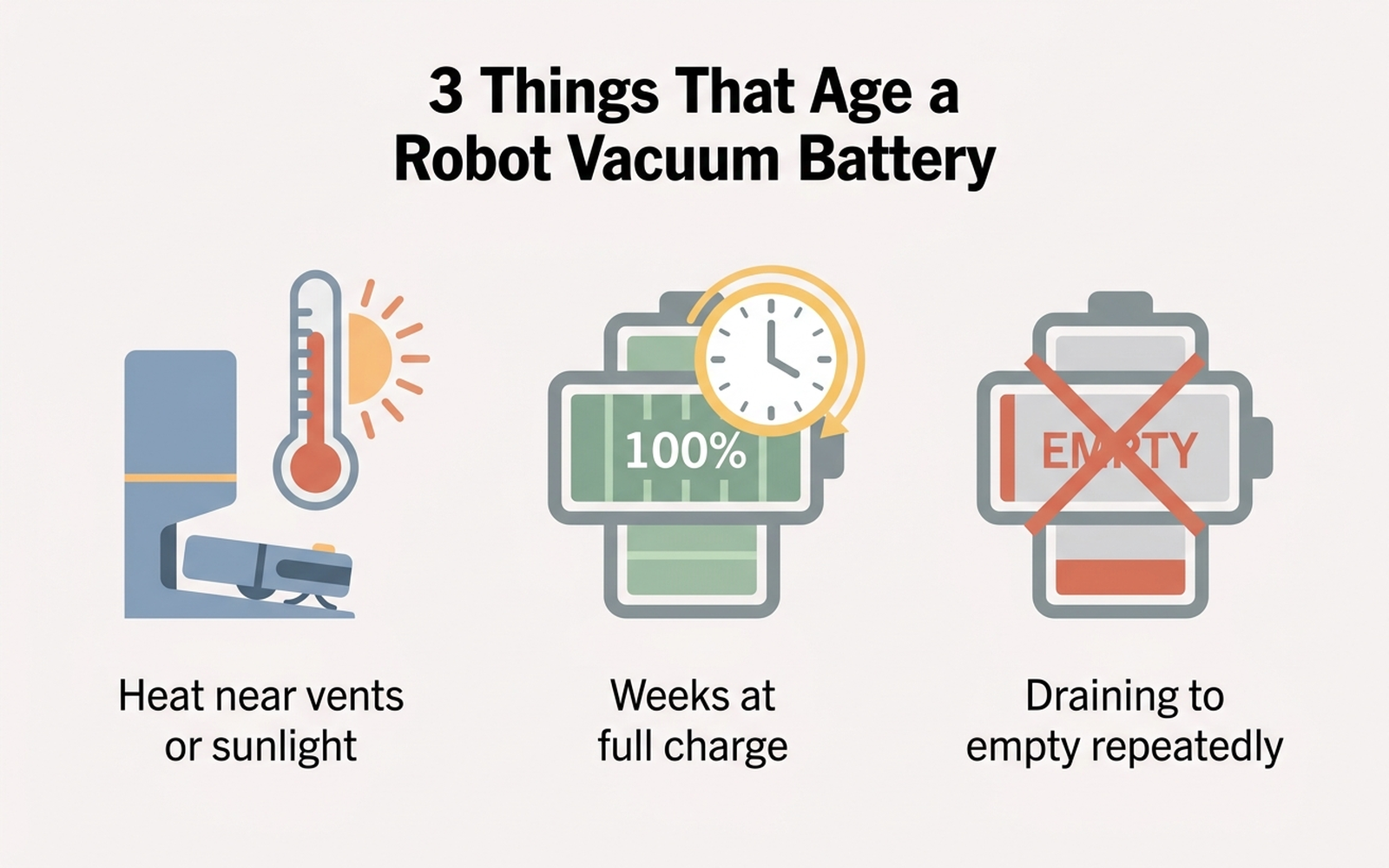 Infographic comparing three lithium-ion battery stress factors for robot vacuums: heat exposure near vents or sunlight accelerating capacity loss, prolonged full-charge storage aging cells faster than partial charge, and deep discharge cycles causing permanent capacity loss versus normal charge cycles