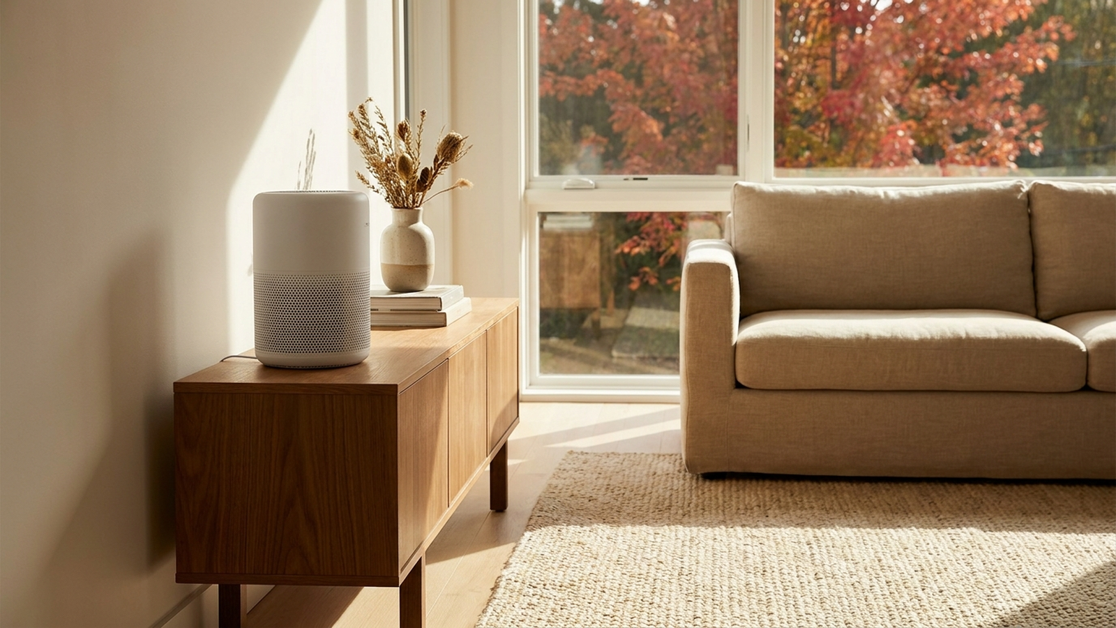 A sleek white air purifier sits on a light wood console table in a bright living room with autumn leaves visible through a window in soft afternoon light.