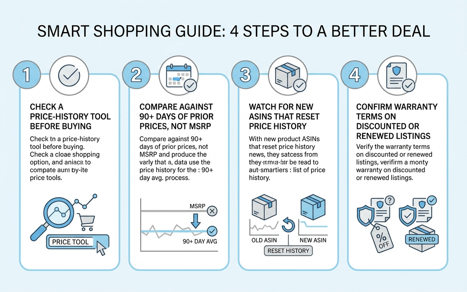 Infographic showing four steps to verify an air purifier discount: check a price-history tool before buying, compare the sale price against at least 90 days of prior listing prices rather than the manufacturer's suggested retail price, watch for listing changes that reset review history and price tracking on a "new" ASIN, and confirm the warranty terms have not shrunk on a discounted bundle or refurbished listing.