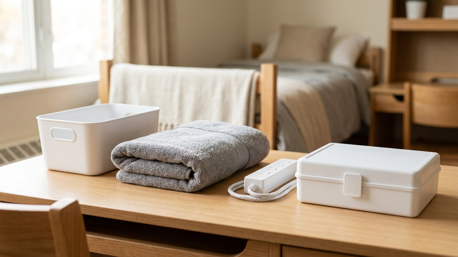 A neutral dorm room desk with a small storage bin, a folded towel, and a power strip in soft natural light, no text or people visible