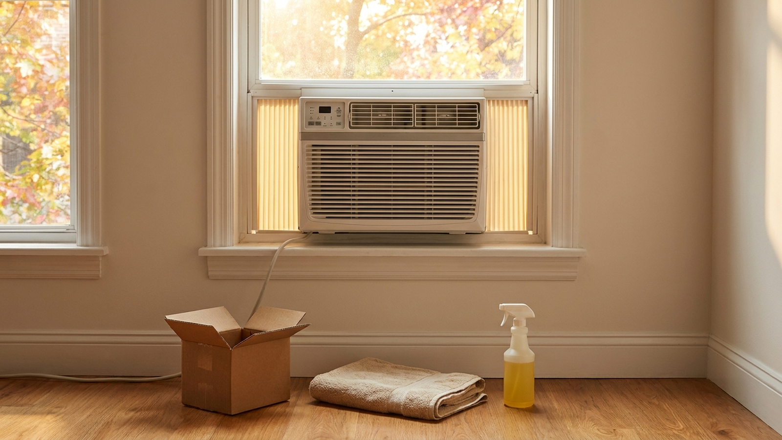 A window air conditioner partially removed from a dorm room window in autumn light, with a cardboard box and cleaning supplies nearby
