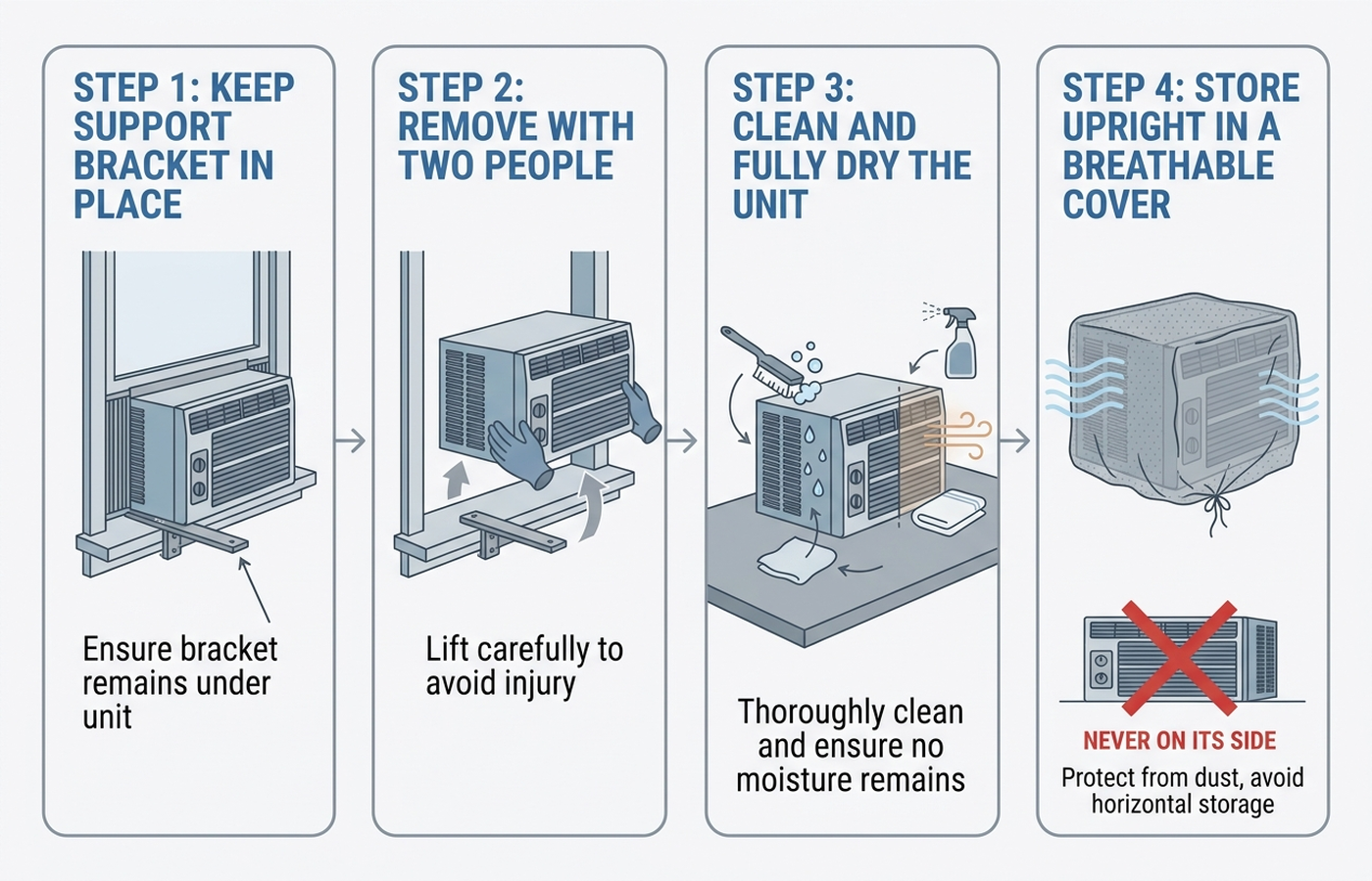 Side-view diagram showing the correct window AC removal sequence: keep the support bracket in place, remove with two people, clean and dry the unit fully, then store it upright in a cover, never on its side