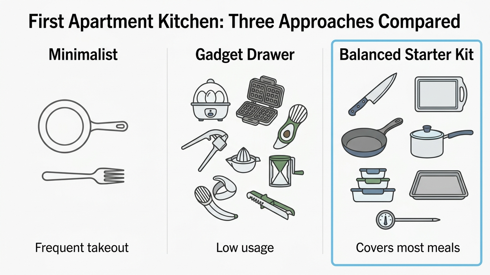 Infographic comparing three approaches to equipping a first kitchen: the minimalist approach with 2 items and frequent takeout, the gadget-drawer approach with 8+ single-purpose tools and low usage, and the balanced starter-kit approach with 7 versatile items covering most meals