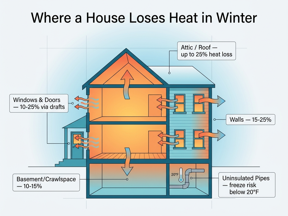 Cutaway side-view infographic of a house showing labeled heat-loss zones: attic and roof up to 25%, windows and doors 10-25% via drafts, walls 15-25%, basement or crawlspace 10-15%, and uninsulated pipes freeze risk below 20°F