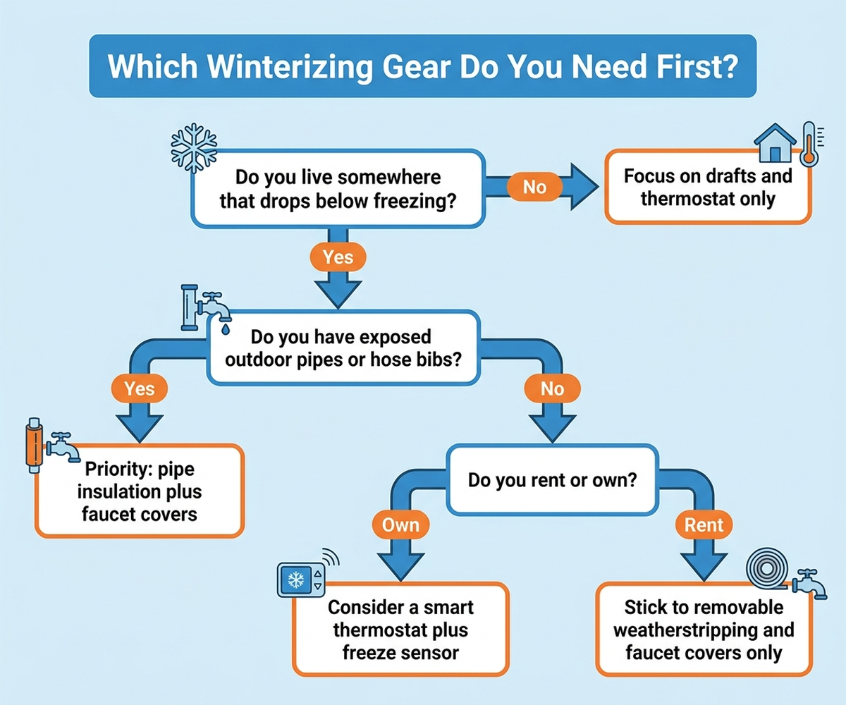 Flowchart titled Which Winterizing Gear Do You Need First, branching from freezing-climate and outdoor-pipe questions to rent-versus-own questions, ending in specific gear recommendations for each path