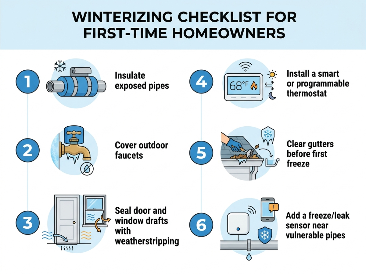 Numbered flat-icon checklist titled Winterizing Checklist for First-Time Homeowners, listing six steps: insulate exposed pipes, cover outdoor faucets, seal door and window drafts with weatherstripping, install a smart or programmable thermostat, clear gutters before first freeze, add a freeze or leak sensor near vulnerable pipes