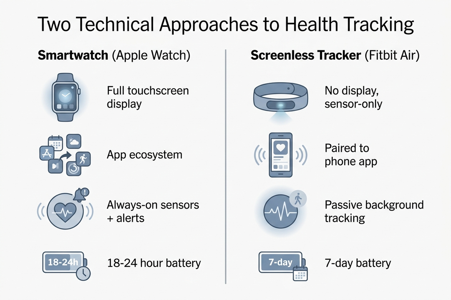 Side-by-side infographic comparing the Apple Watch smartwatch approach to the Fitbit Air screenless tracker approach