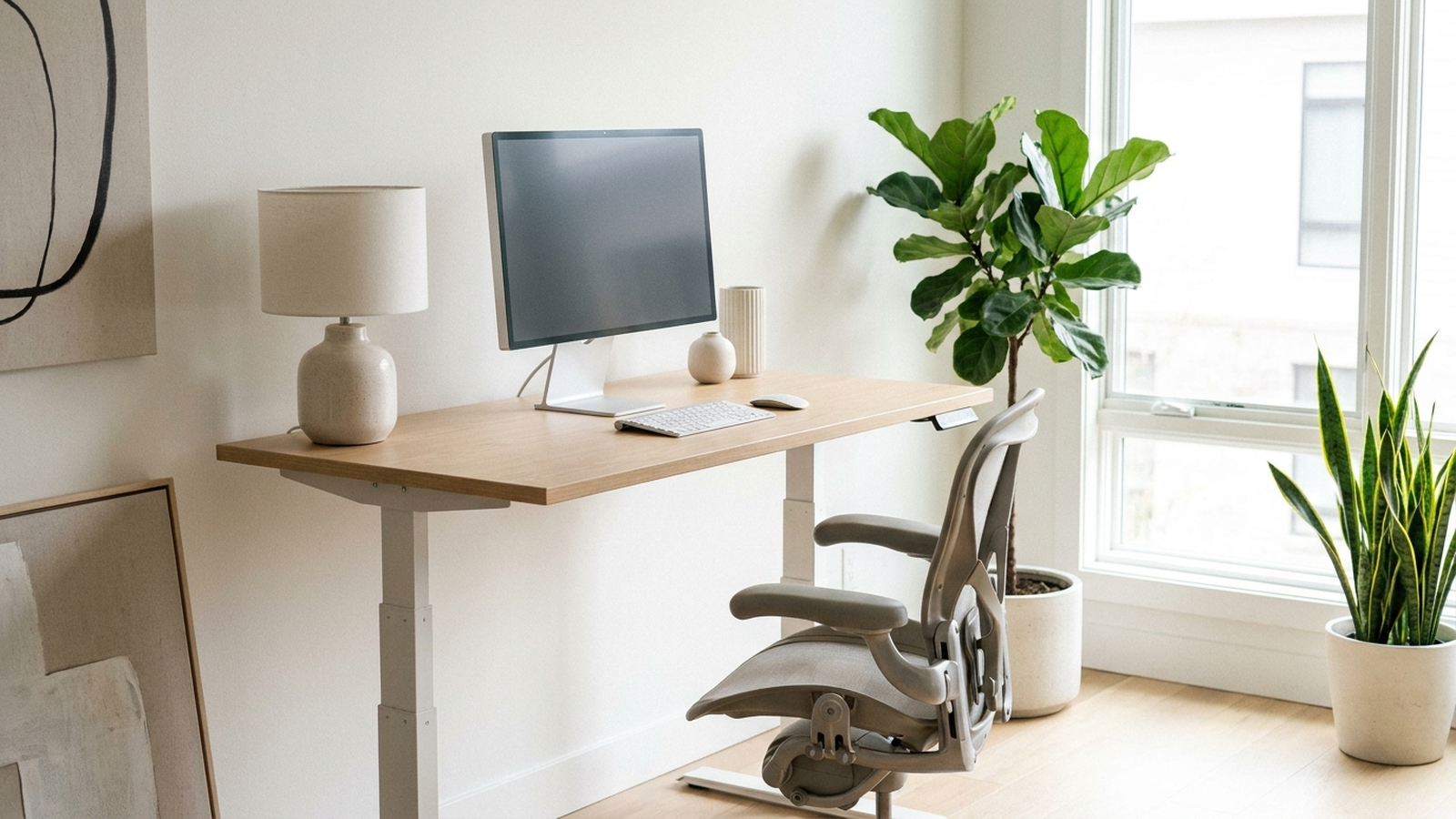 A height-adjustable standing desk at standing height in a bright, minimalist home office with a monitor, keyboard, and chair