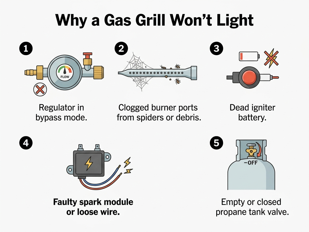 Flat infographic showing five reasons a gas grill won't light: regulator in bypass mode, clogged burner ports from spiders or debris, dead igniter battery, faulty spark module or loose wire, and empty or closed propane tank valve