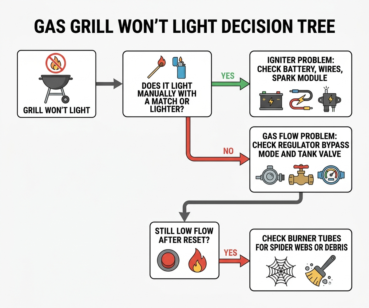 Decision-tree flowchart for diagnosing a gas grill that won't light: whether it lights manually, branching to igniter problems if yes and gas-flow or regulator problems if no, with a further check for burner tube blockage