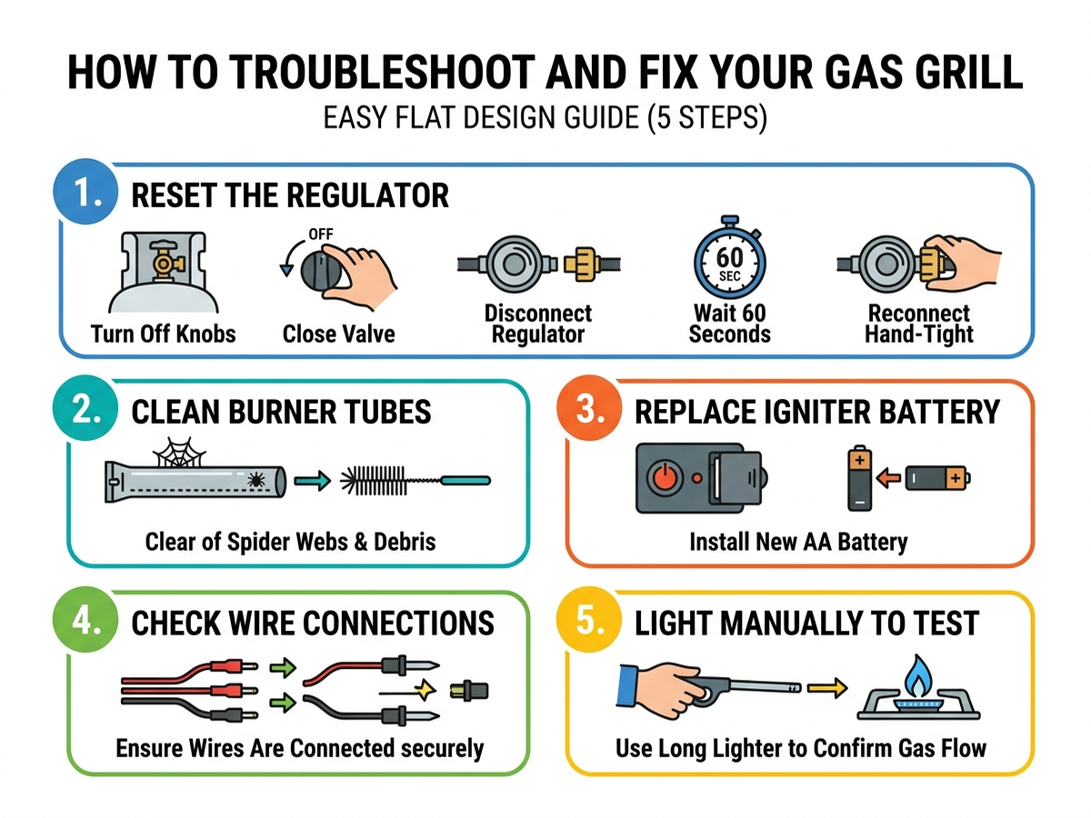 Flat how-to diagram showing five steps to fix a gas grill that won't light: reset the regulator, clear burner tubes of debris, replace the igniter battery, check igniter wire connections, and test by lighting manually