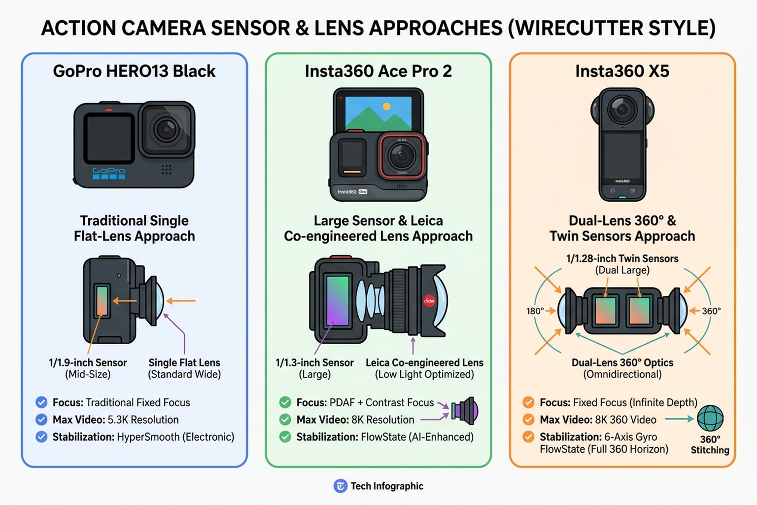 Flat-design infographic comparing sensor and lens technical approach of GoPro HERO13 Black, Insta360 Ace Pro 2, and Insta360 X5