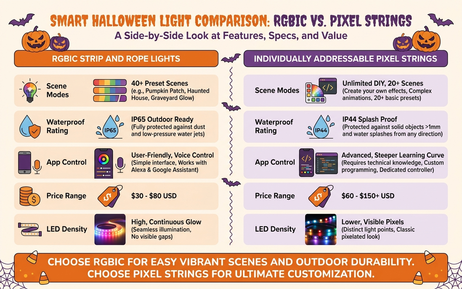 Infographic comparing RGBIC strip lights and individually addressable pixel strings on scene modes, waterproof rating, app control, price, and LED density