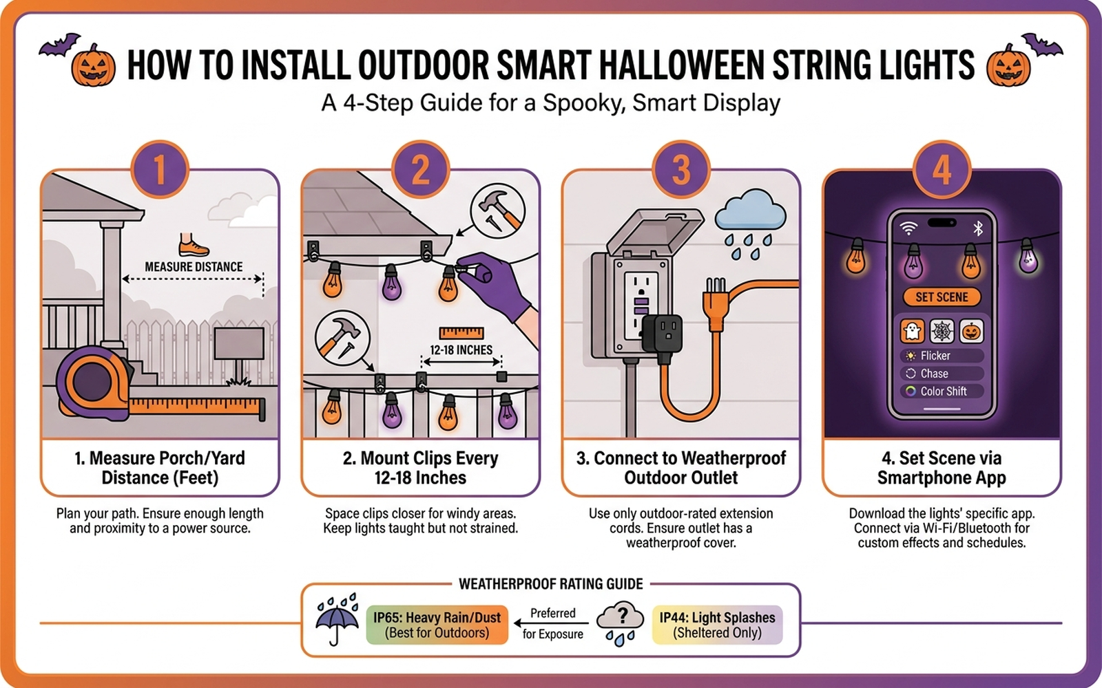 Four-step infographic showing how to measure, mount, connect, and control outdoor smart Halloween string lights, with an IP65 vs IP44 weatherproof comparison