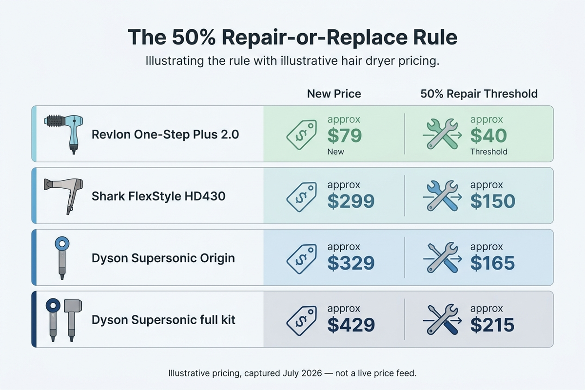 Infographic showing the appliance industry's 50% repair-or-replace rule applied to three hair dryer price tiers: Revlon One-Step, Shark FlexStyle, and Dyson Supersonic