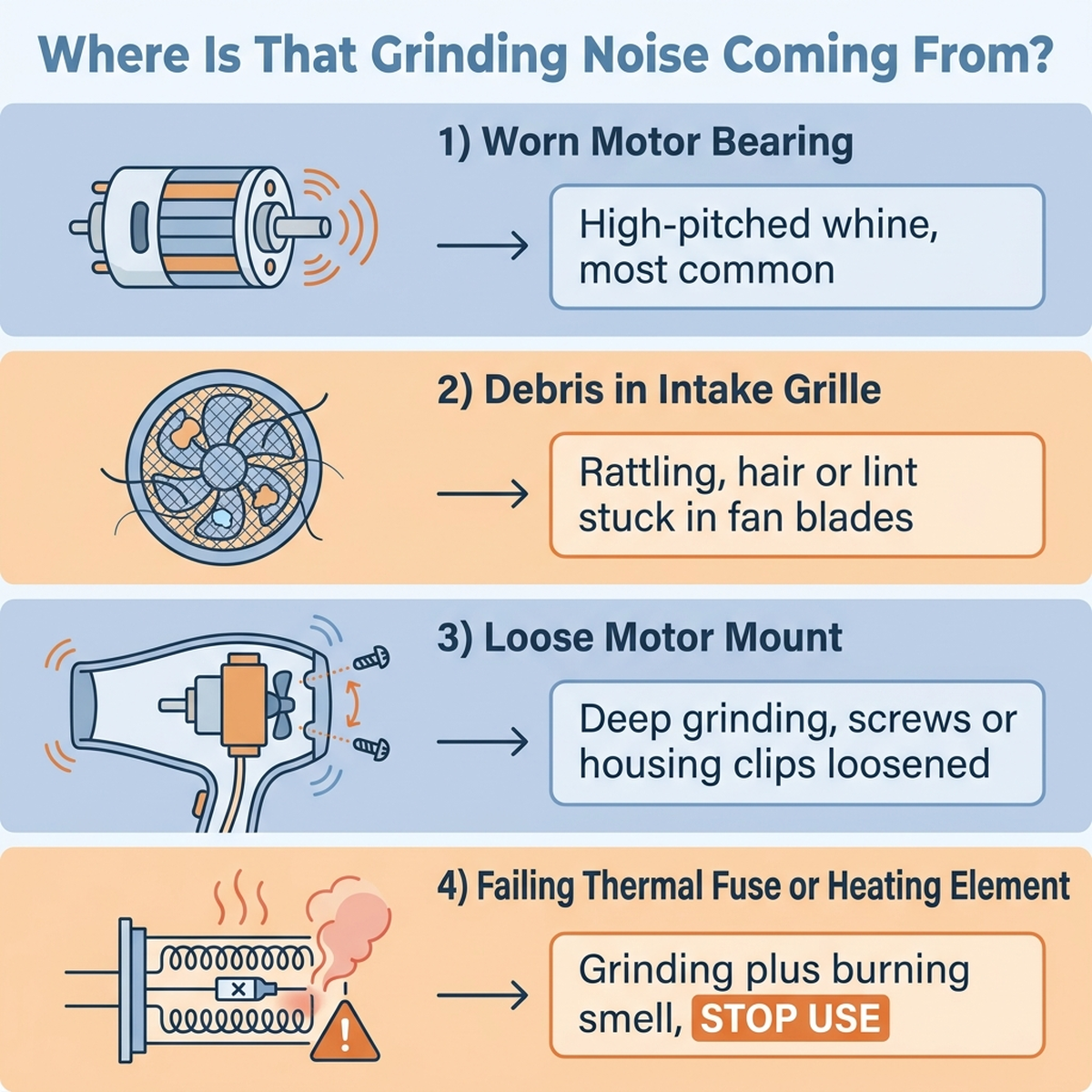 Flat infographic showing four causes of hair dryer grinding noise: worn motor bearing, debris in intake grille, loose motor mount, and failing thermal fuse