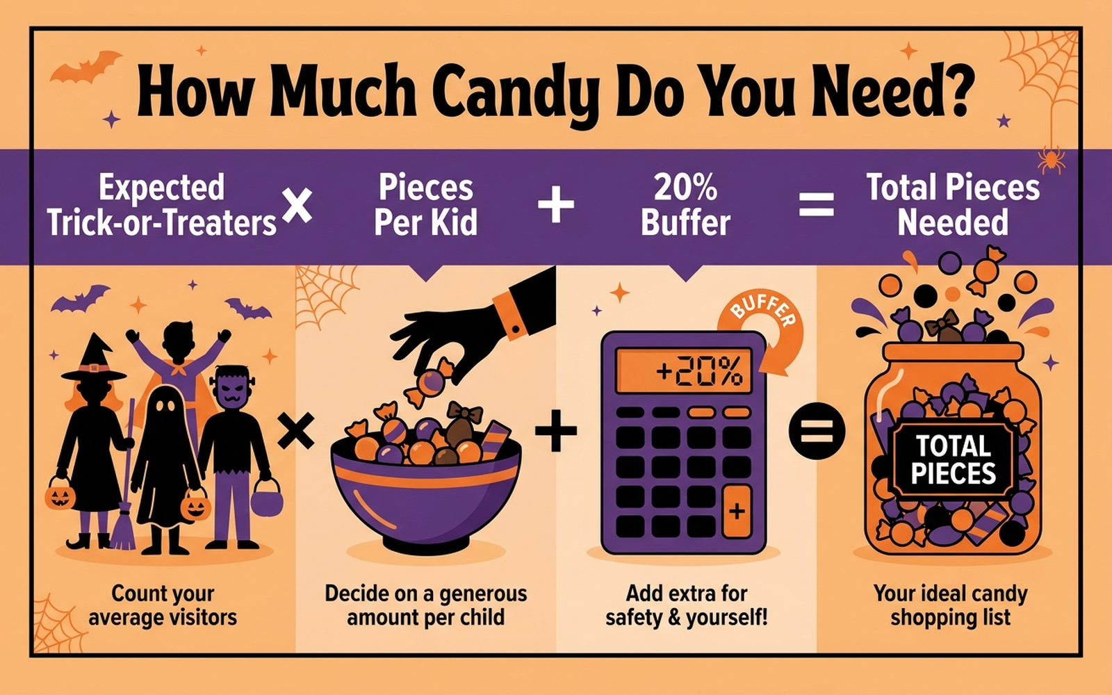Infographic showing the trick-or-treater candy formula: expected visitors times pieces per visitor plus a 20 percent buffer