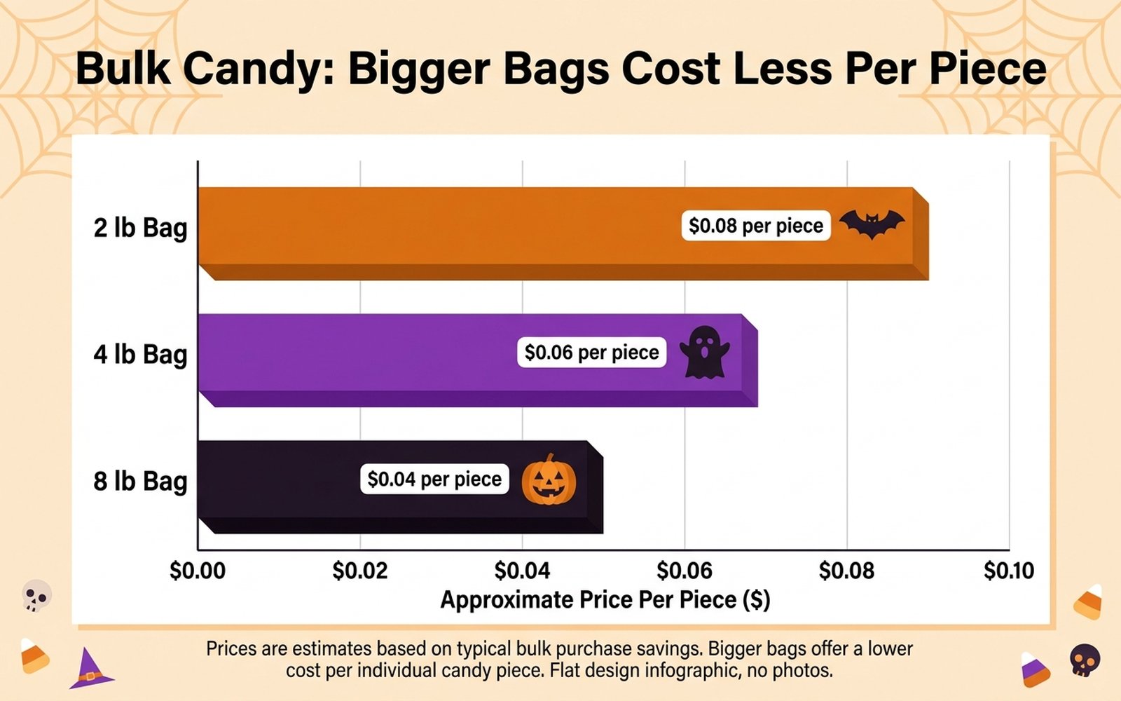 Bar chart showing that larger bulk Halloween candy bags cost less per piece than smaller bags