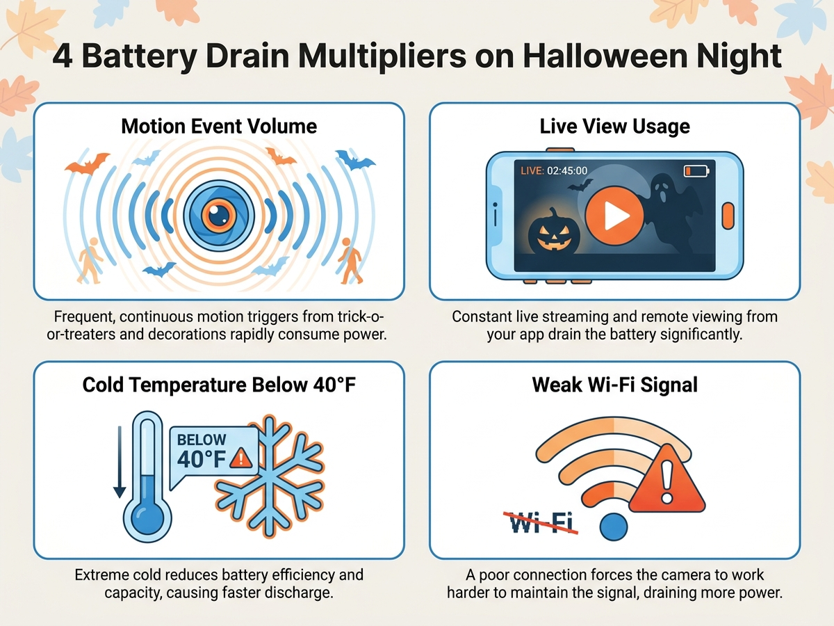 Flat infographic showing four multipliers of video doorbell battery drain on a high-traffic night: motion event volume, Live View usage, cold temperature below 40 degrees Fahrenheit, and weak Wi-Fi signal reconnect loops