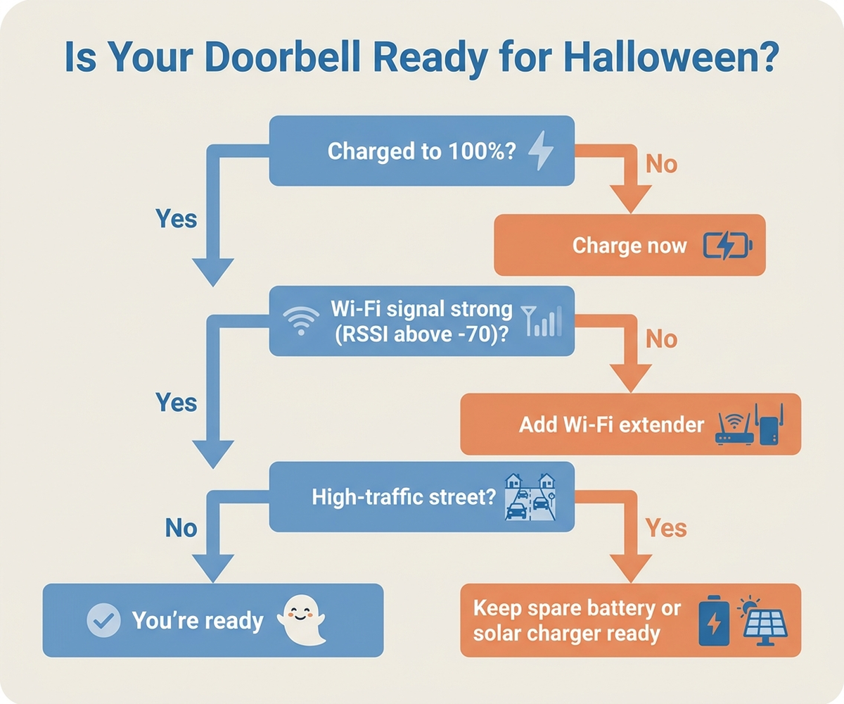 Decision-tree flowchart for handling Halloween video doorbell battery drain: check charge and RSSI beforehand, enable People Only mode, keep a spare battery or solar charger, or switch to a wired option for chronically busy addresses