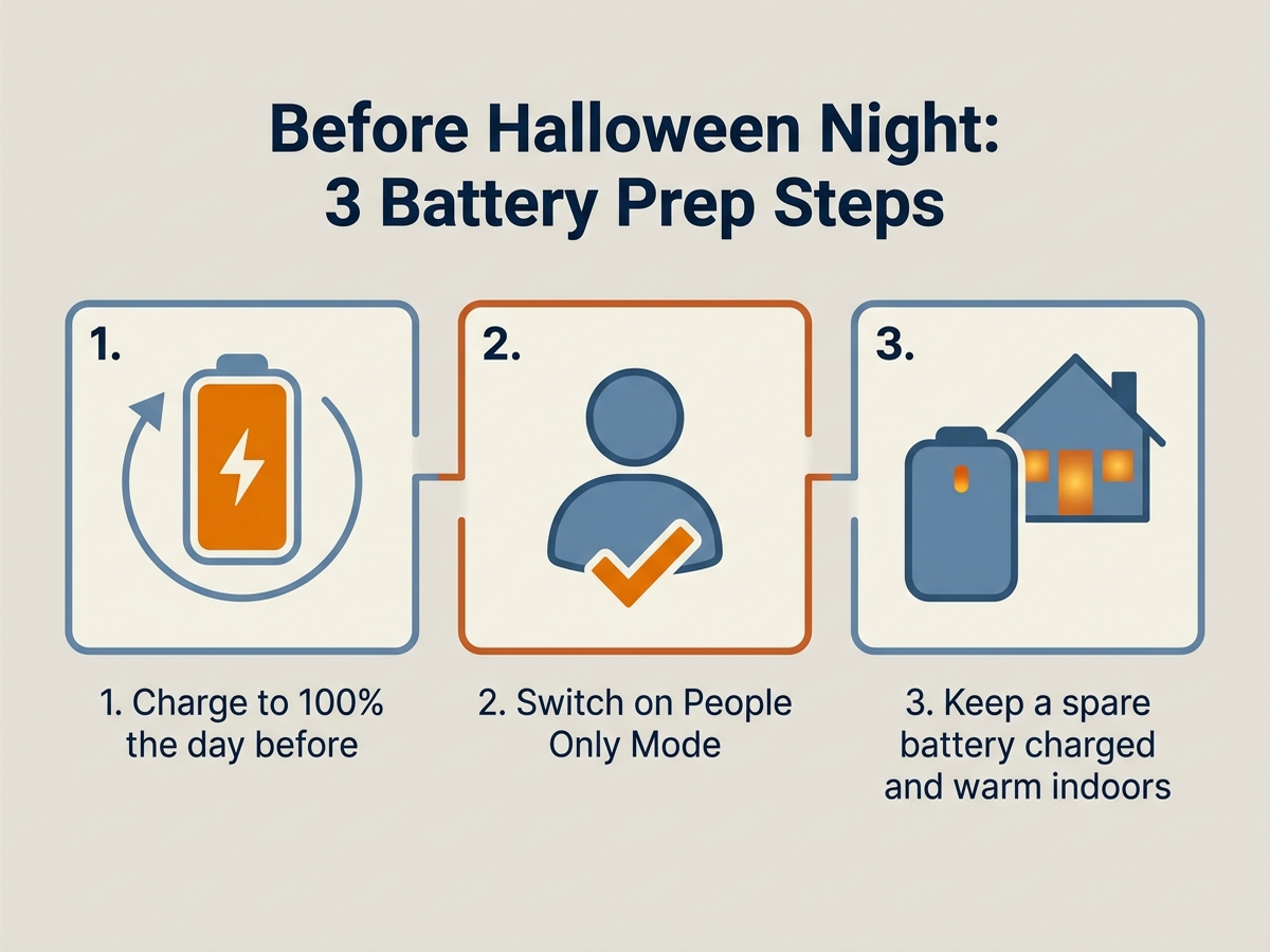 Flat how-to diagram showing battery capacity drop below 40 degrees Fahrenheit, the recommended pre-Halloween full charge, and indoor storage for a spare battery
