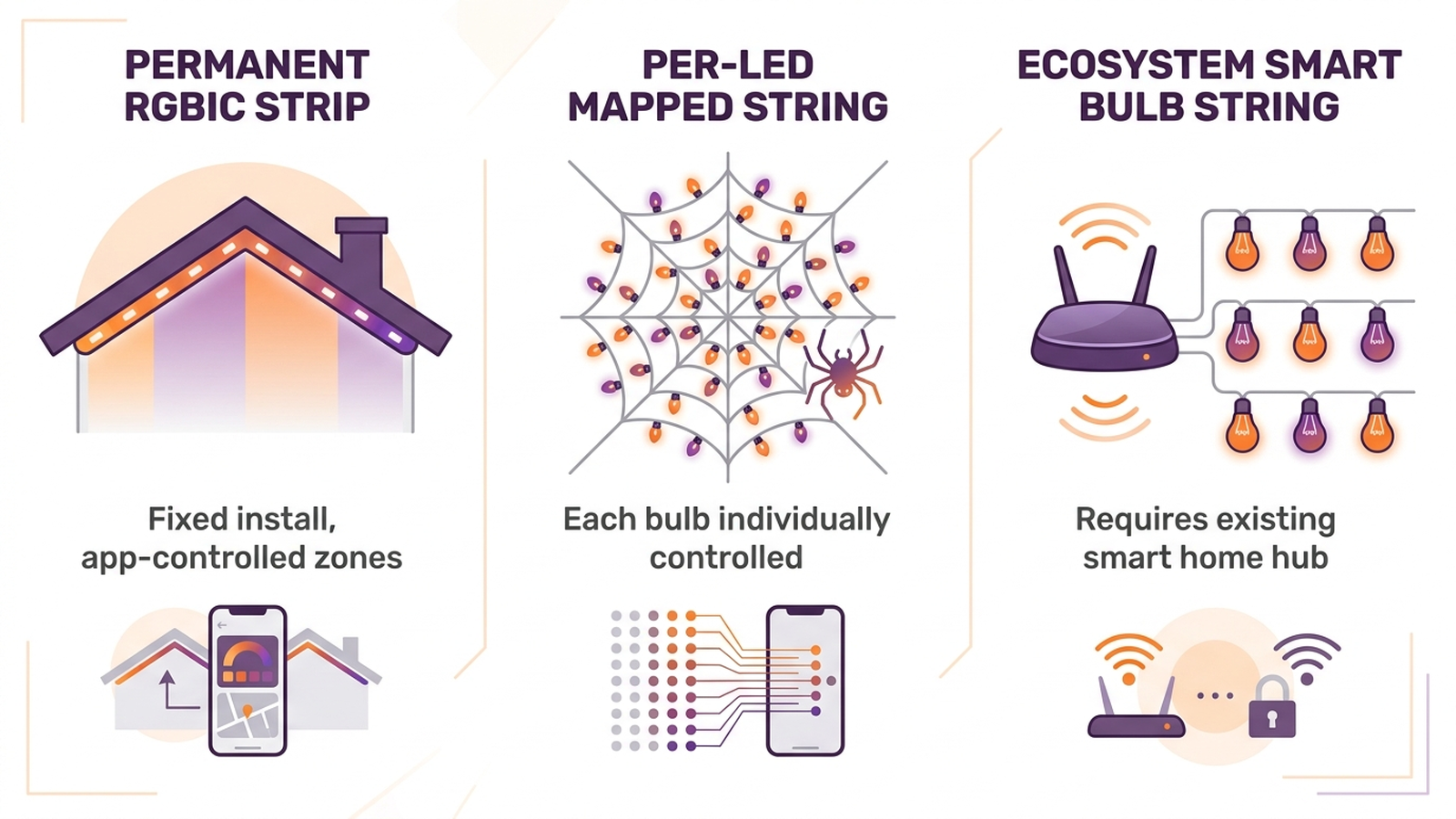 Infographic comparing permanent RGBIC strip, per-LED mapped string, and ecosystem smart bulb approaches to outdoor smart lighting