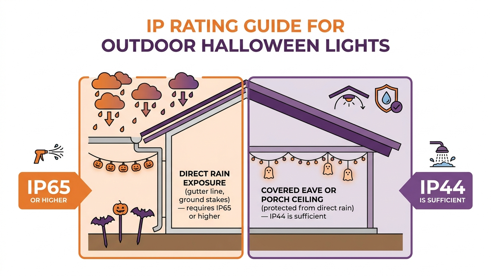 Diagram showing IP67-rated lights suited to direct rain exposure at the gutter line versus IP44-rated lights suited to a covered eave or porch ceiling
