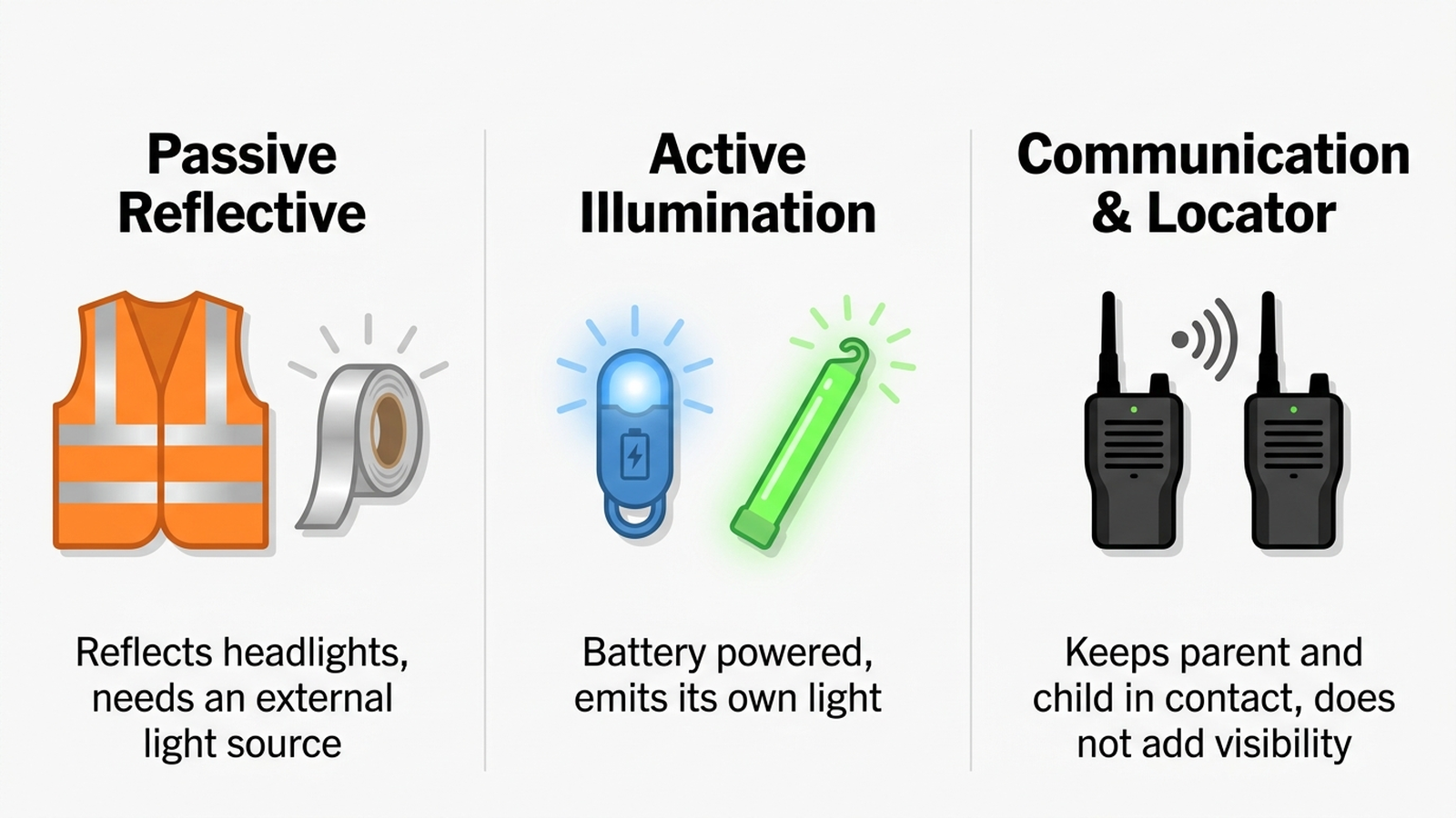 Infographic comparing passive reflective gear, active illumination, and communication/locator devices for Halloween trick-or-treat safety