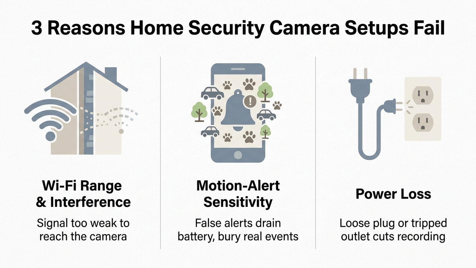 Infographic comparing three home security camera failure causes — Wi-Fi range, motion-alert sensitivity, and power loss — each with its typical symptom and fix
