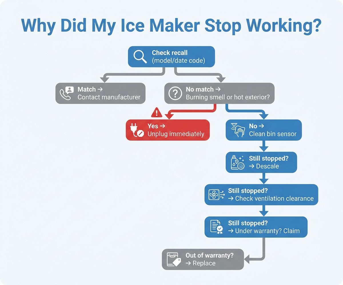 Flowchart showing the decision process for a stopped ice maker: recall check, safety hazard check, sensor cleaning, descaling, ventilation check, then warranty claim or replacement