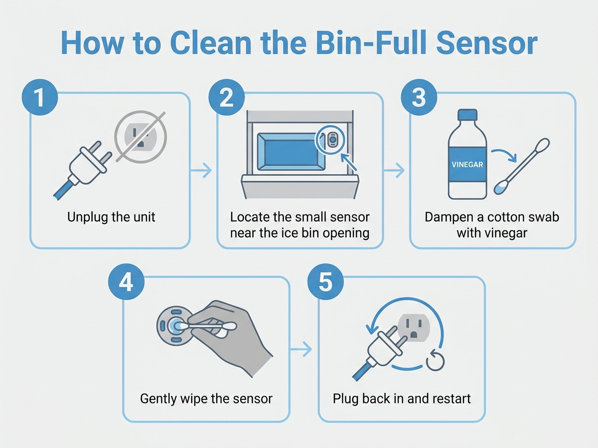 Flat infographic showing how to clean an ice maker's bin-full sensor with a vinegar-dampened cotton swab, step by step