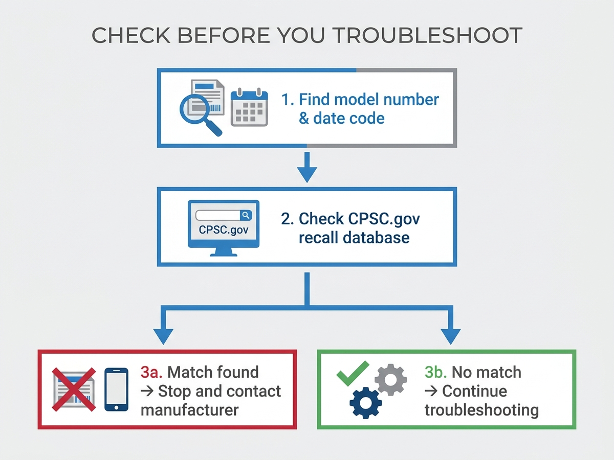 Flat infographic showing a checklist: check model number and date code against CPSC recall database before troubleshooting an ice maker