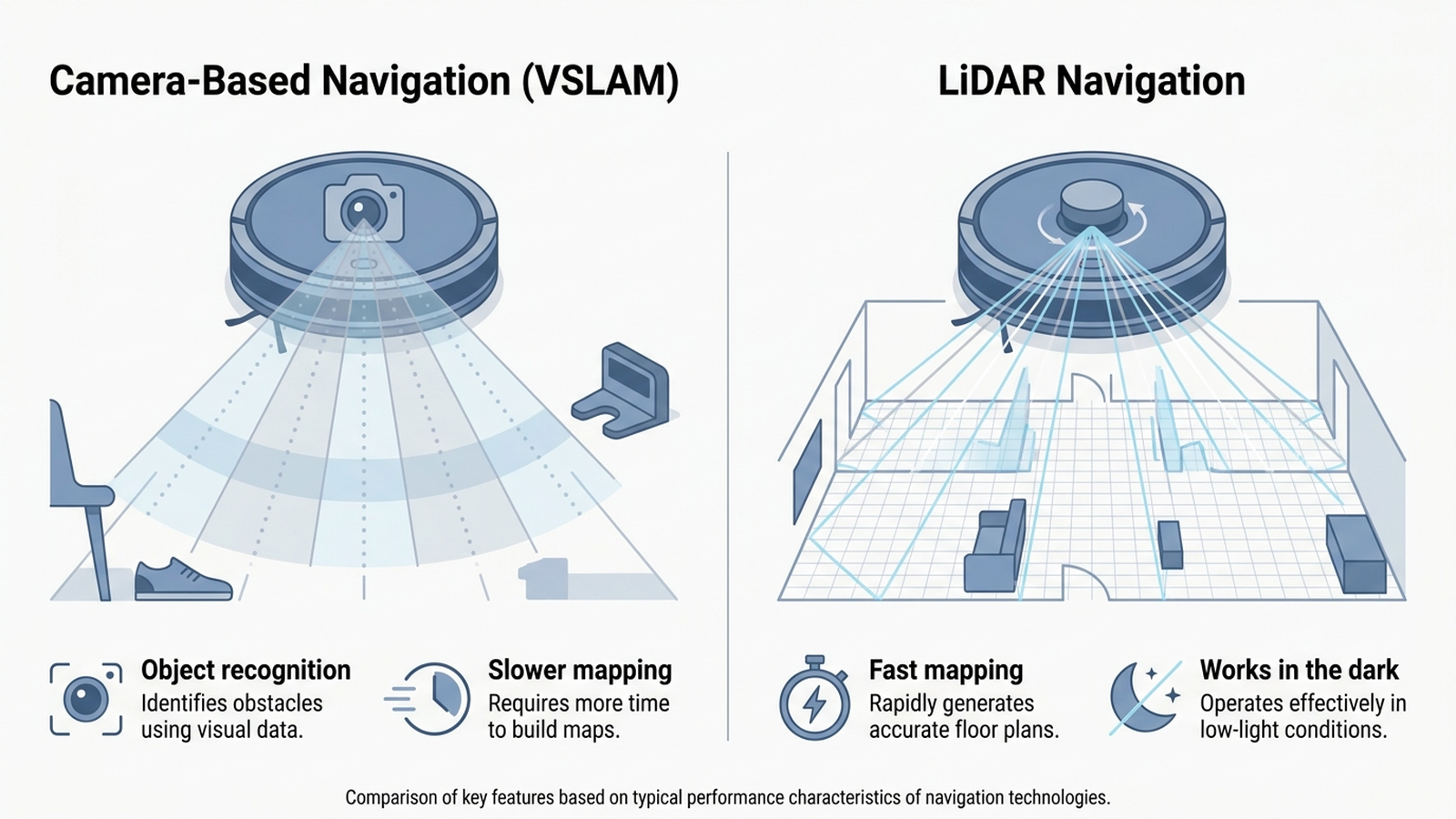 Infographic comparing camera-based VSLAM navigation used by iRobot Roomba against LiDAR laser navigation used by Roborock, showing mapping speed and obstacle recognition differences