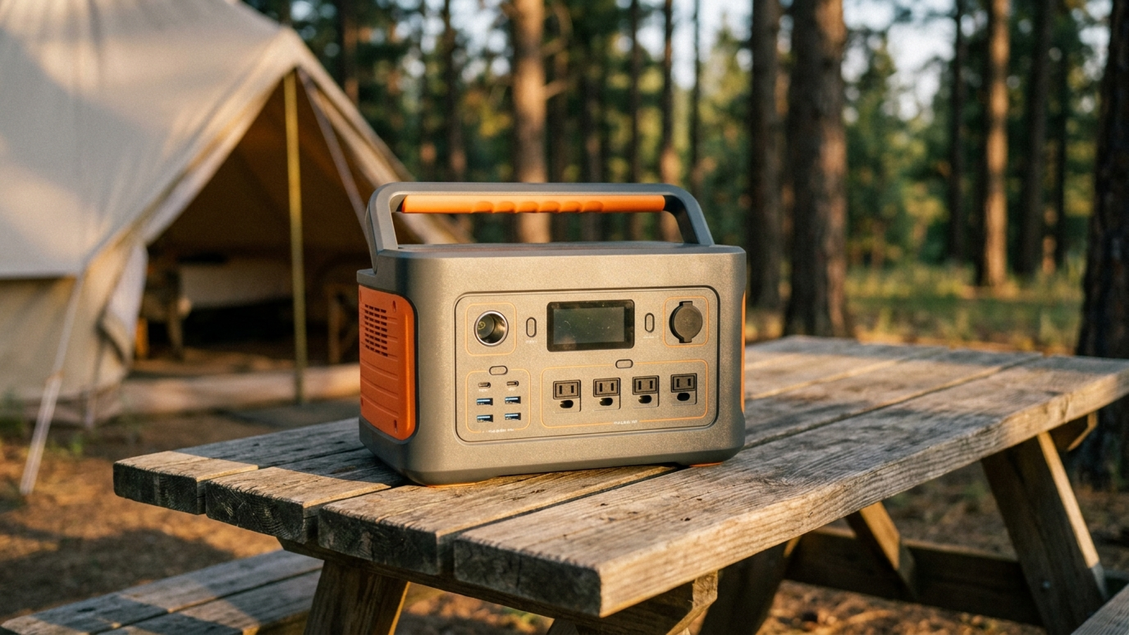 A modern portable power station sitting outdoors on a wooden picnic table near a campsite at golden hour