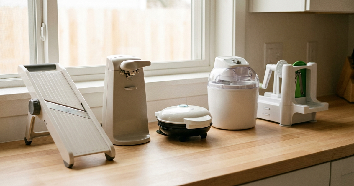 A clean, neutral kitchen countertop with a mandoline slicer, electric can opener, mini waffle maker, ice cream maker, and vegetable spiralizer arranged near a sunlit window, no text or people visible